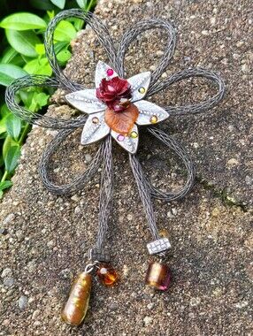 Chico's Floral Multi-Color Crystal & Silver-Tone Larg Mesh Flower Brooch